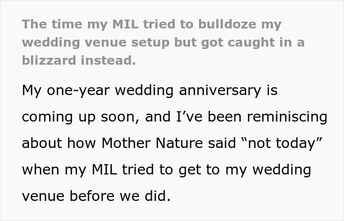 “Mother Nature Said ‘Not Today’”: Blizzard Stops MIL From Making Last-Minute Changes To Wedding “Mother Nature Said ‘Not Today’”: Blizzard Stops MIL From Making Last-Minute Changes To Wedding