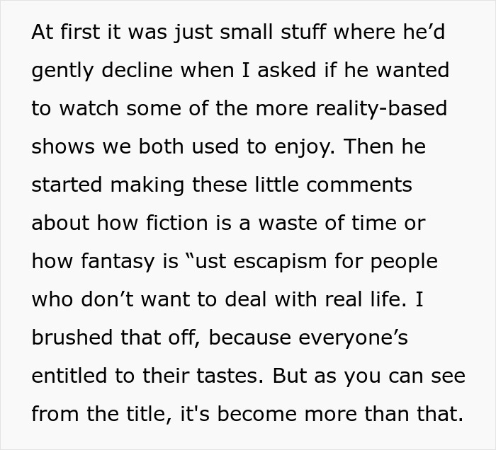 Man Shames Girlfriend For Loving Fiction, Calls It Make-Believe That’s Lowering Her IQ Man Shames Girlfriend For Loving Fiction, Calls It Make-Believe That’s Lowering Her IQ