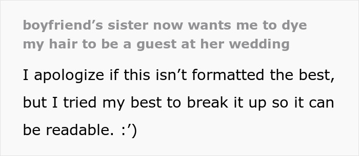 Ginger Woman Stunned After BF’s Sis Wants Her To Dye Her Hair Black For The Wedding, Says No Way Ginger Woman Stunned After BF’s Sis Wants Her To Dye Her Hair Black For The Wedding, Says No Way