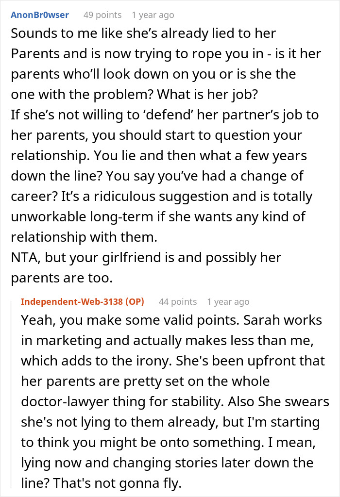 Man Wonders If His Relationship Is Doomed After His GF Pressures Him To Lie About His Career Man Wonders If His Relationship Is Doomed After His GF Pressures Him To Lie About His Career