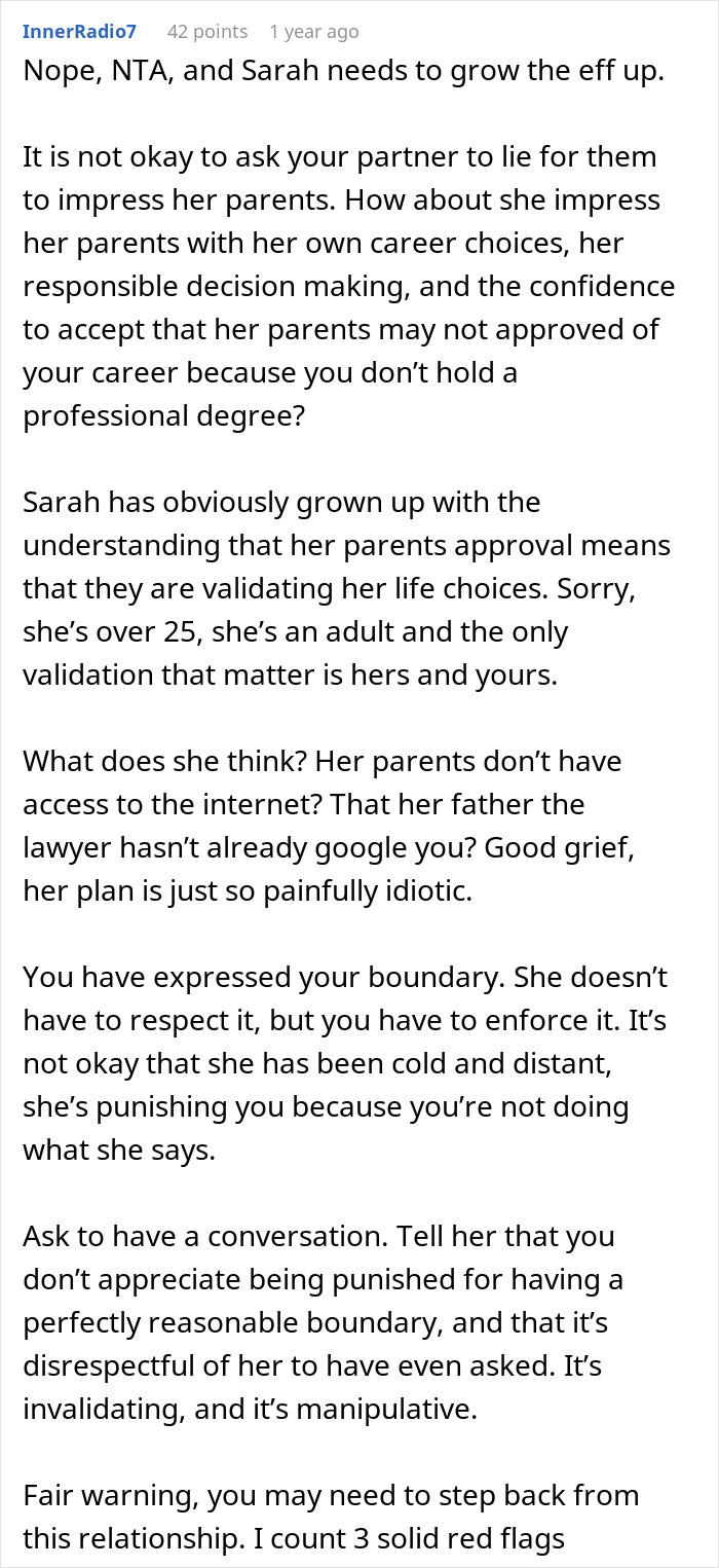 Man Wonders If His Relationship Is Doomed After His GF Pressures Him To Lie About His Career Man Wonders If His Relationship Is Doomed After His GF Pressures Him To Lie About His Career