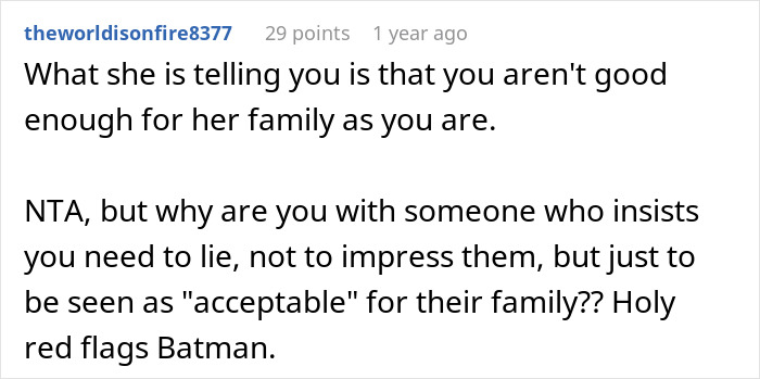 Man Wonders If His Relationship Is Doomed After His GF Pressures Him To Lie About His Career Man Wonders If His Relationship Is Doomed After His GF Pressures Him To Lie About His Career
