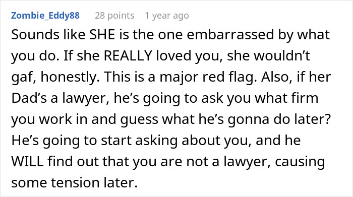 Man Wonders If His Relationship Is Doomed After His GF Pressures Him To Lie About His Career Man Wonders If His Relationship Is Doomed After His GF Pressures Him To Lie About His Career