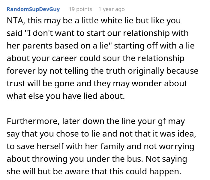 Man Wonders If His Relationship Is Doomed After His GF Pressures Him To Lie About His Career Man Wonders If His Relationship Is Doomed After His GF Pressures Him To Lie About His Career