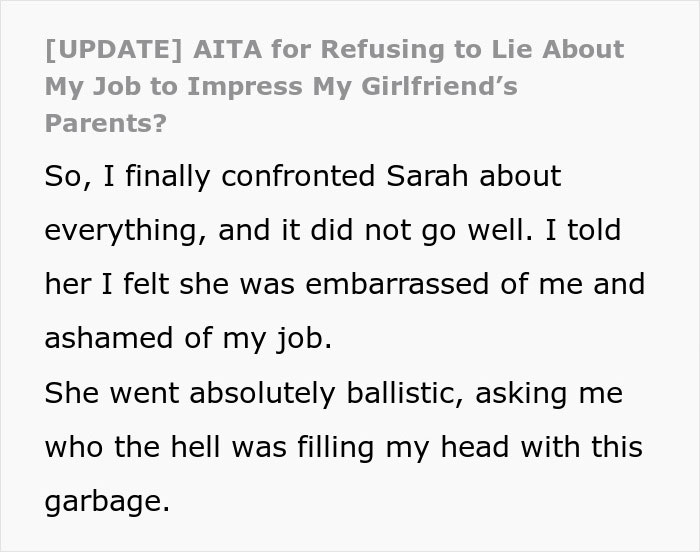 Man Wonders If His Relationship Is Doomed After His GF Pressures Him To Lie About His Career Man Wonders If His Relationship Is Doomed After His GF Pressures Him To Lie About His Career