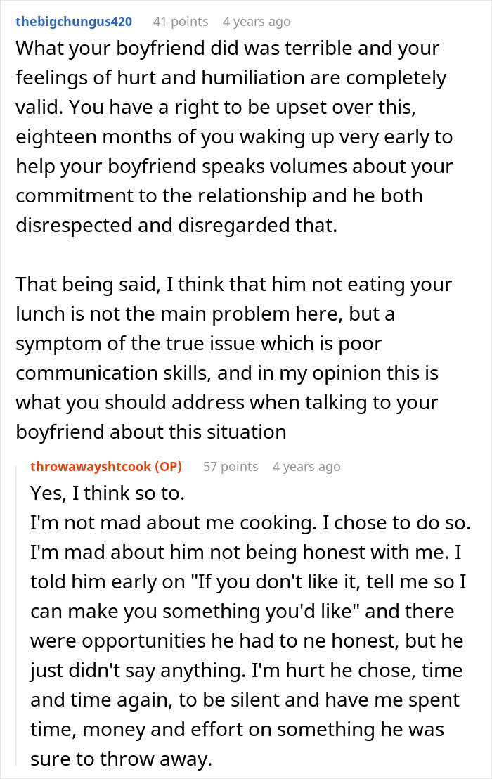 Woman Gets Up At Dawn To Make Lunches For Toxic BF, He Lies About Eating Them For 1.5 Years Woman Gets Up At Dawn To Make Lunches For Toxic BF, He Lies About Eating Them For 1.5 Years