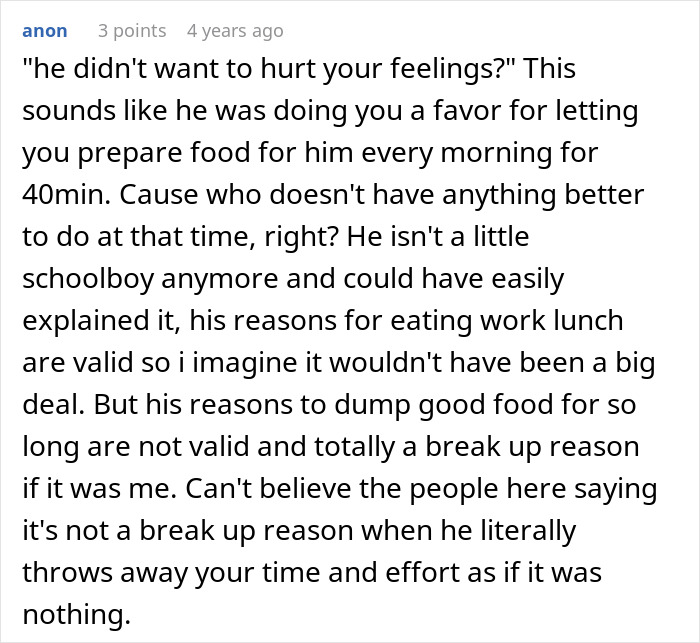 Woman Gets Up At Dawn To Make Lunches For Toxic BF, He Lies About Eating Them For 1.5 Years Woman Gets Up At Dawn To Make Lunches For Toxic BF, He Lies About Eating Them For 1.5 Years