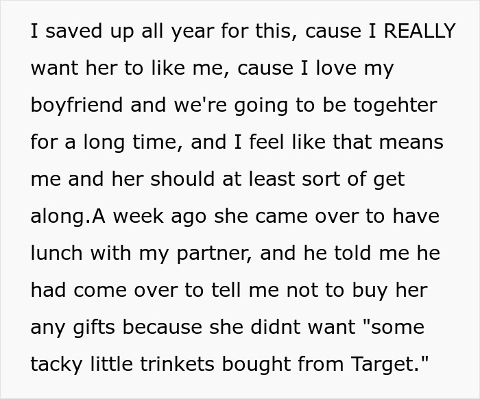 Woman Upset Son’s Partner Came Without A Gift After She Asked Him Not To Get Her Any More “Tacky Little Trinkets” Woman Upset Son’s Partner Came Without A Gift After She Asked Him Not To Get Her Any More “Tacky Little Trinkets”