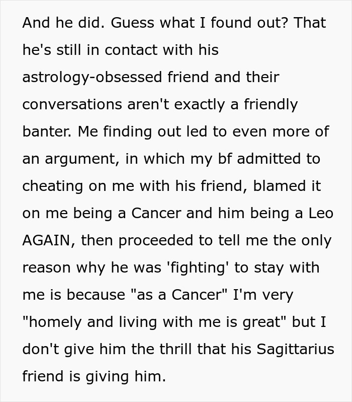 Woman Dumps BF For Cheating On Her With Astrology-Obsessed Friend, He Blames It On Her Being A Cancer Woman Dumps BF For Cheating On Her With Astrology-Obsessed Friend, He Blames It On Her Being A Cancer