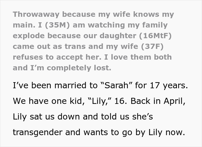 Wife Goes Full Transphobic After Son Comes Out, Husband Feels Like Their Family Is Imploding