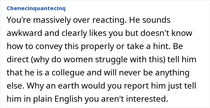 Guy Won’t Leave Younger Colleague Alone, She Suspects He Has Inappropriate Intentions