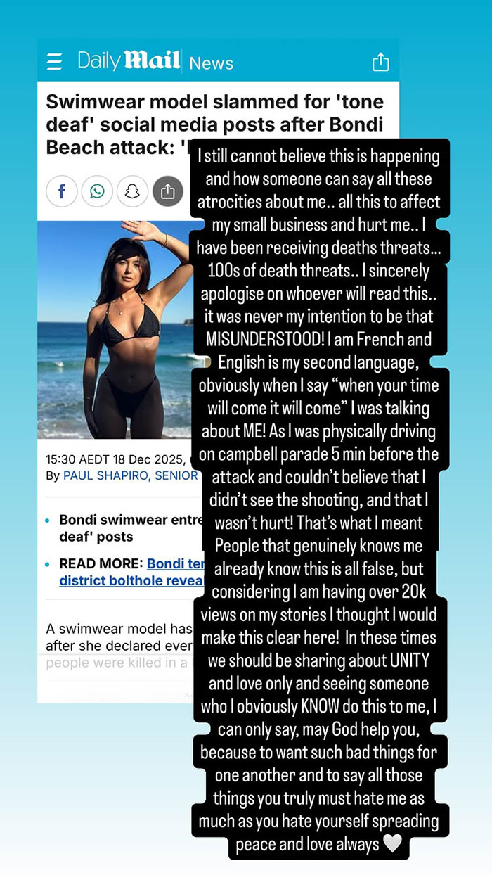 Swimwear Model Sparks Outrage With ‘Tone Deaf’ Posts Shortly After Bondi Beach Attack Swimwear Model Sparks Outrage With ‘Tone Deaf’ Posts Shortly After Bondi Beach Attack