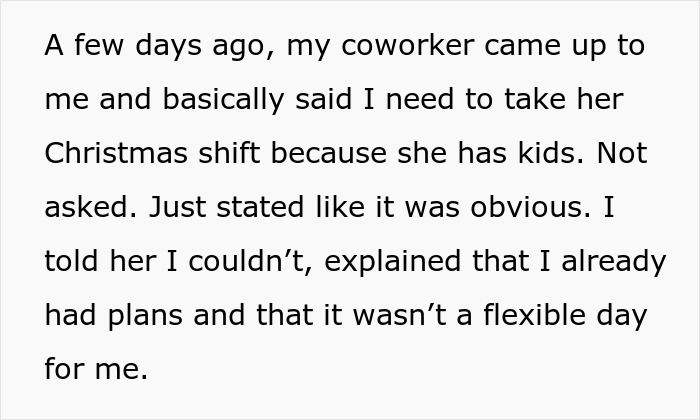“Stated Like It Was Obvious”: Woman Thinks She’s Entitled To Day Off On Christmas Because Of Kids “Stated Like It Was Obvious”: Woman Thinks She’s Entitled To Day Off On Christmas Because Of Kids