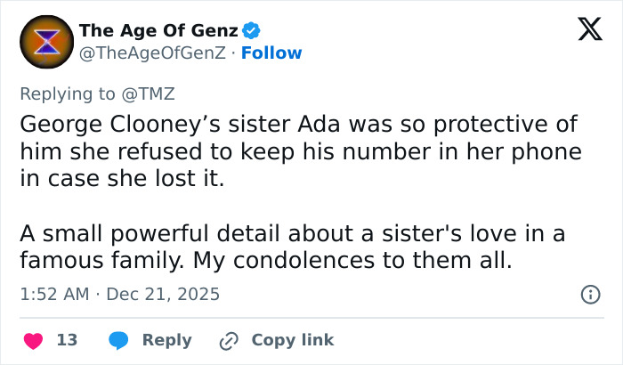 “I’ve Never Met Anyone So Brave”: George Clooney Pays Tribute To Sister Ada “I’ve Never Met Anyone So Brave”: George Clooney Pays Tribute To Sister Ada