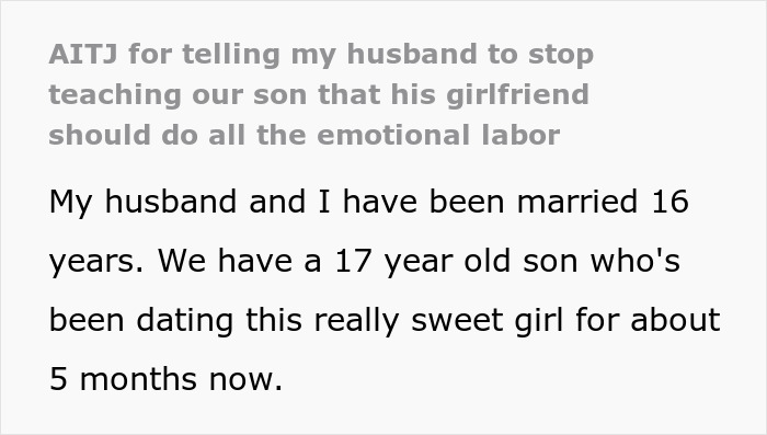 Hubby Teaches Teen Son That Women Should Do All The Emotional Labor, Faces Backlash From Wife Hubby Teaches Teen Son That Women Should Do All The Emotional Labor, Faces Backlash From Wife