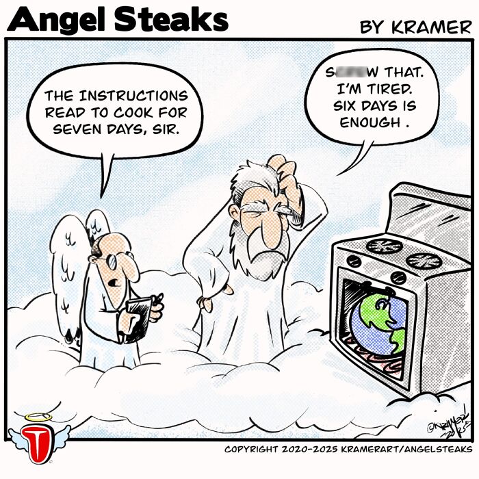 ‘Angel Steaks’: 20 Single-Panel Cartoons Featuring God ‘Angel Steaks’: 20 Single-Panel Cartoons Featuring God