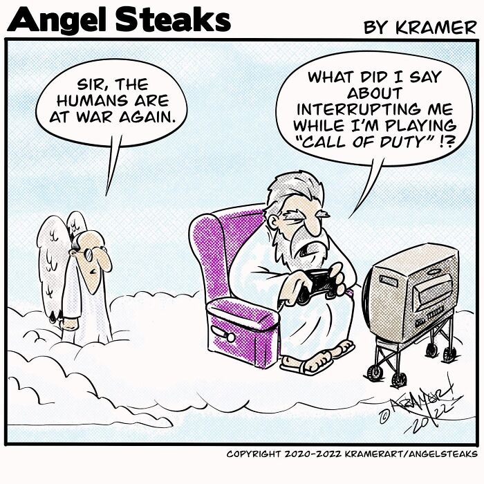 ‘Angel Steaks’: 20 Single-Panel Cartoons Featuring God ‘Angel Steaks’: 20 Single-Panel Cartoons Featuring God