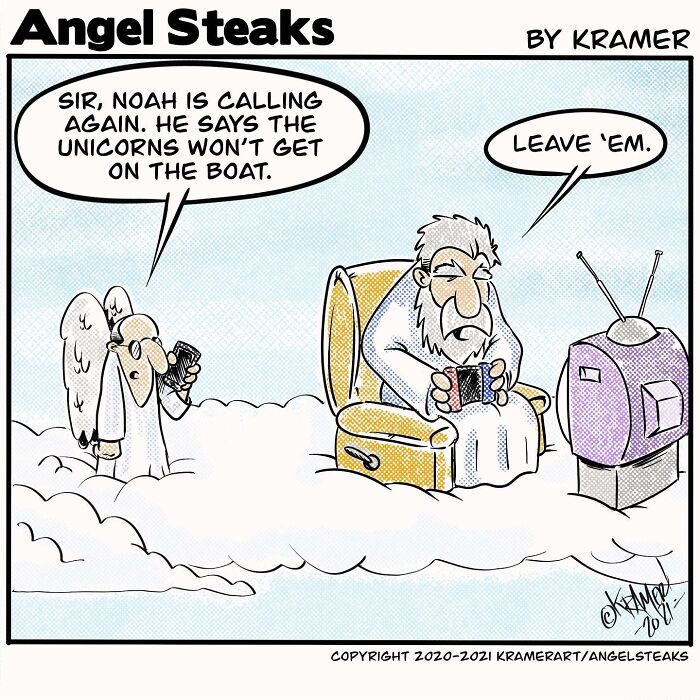 ‘Angel Steaks’: 20 Single-Panel Cartoons Featuring God ‘Angel Steaks’: 20 Single-Panel Cartoons Featuring God