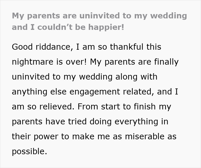 Bride’s Parents Throw Tantrums Over Everything, Get Slammed By Great Aunt And Uninvited From Wedding Bride’s Parents Throw Tantrums Over Everything, Get Slammed By Great Aunt And Uninvited From Wedding