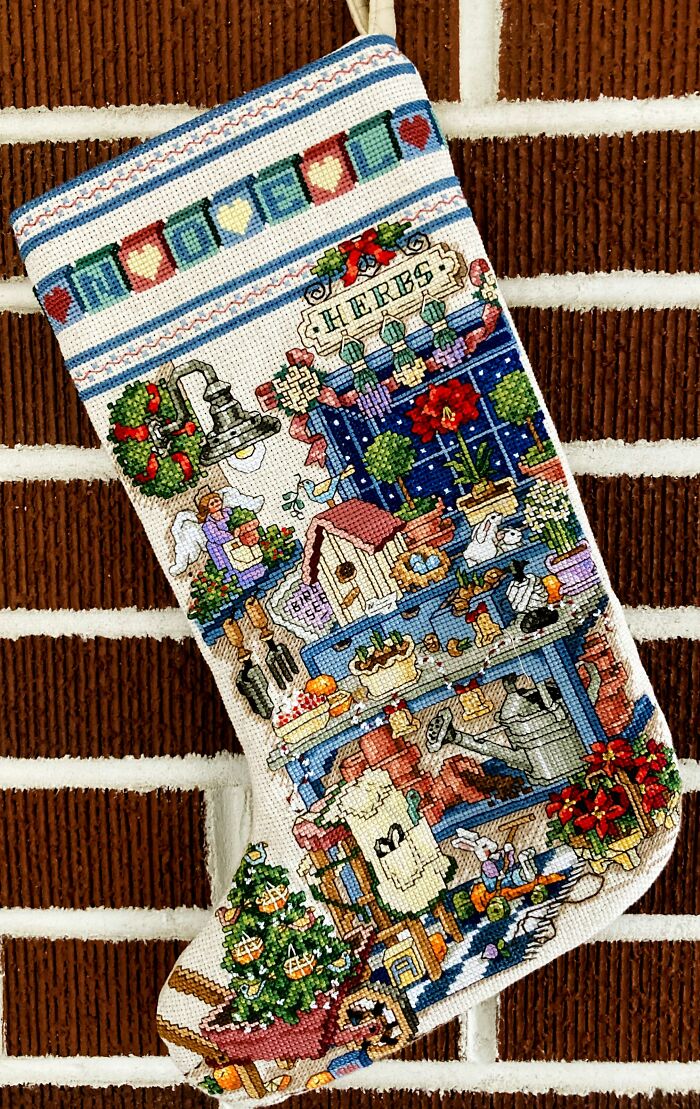 My Mom Has Been Making Needlepoint Christmas Stockings For Our Family For Decades, And Here Are Some Of Her Beautiful Works