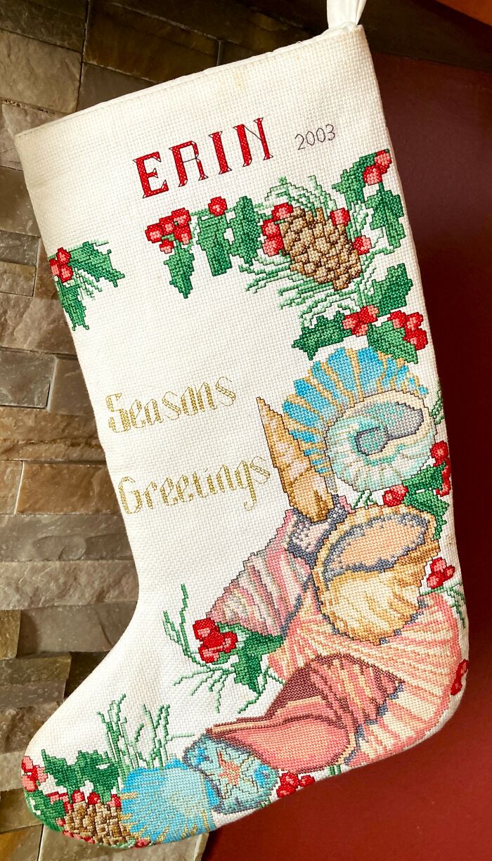 My Mom Has Been Making Needlepoint Christmas Stockings For Our Family For Decades, And Here Are Some Of Her Beautiful Works