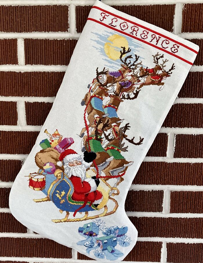 My Mom Has Been Making Needlepoint Christmas Stockings For Our Family For Decades, And Here Are Some Of Her Beautiful Works