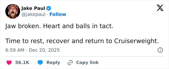 “Poetic Justice”: Jake Paul’s Broken Jaw Has Become The Internet’s Latest Punchline