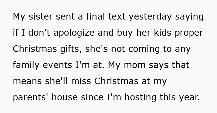 Aunt Declares ‘No Christmas Gifts’ For Unruly Niblings, Faces Backlash From Her Extremely Angry Sis Aunt Declares ‘No Christmas Gifts’ For Unruly Niblings, Faces Backlash From Her Extremely Angry Sis
