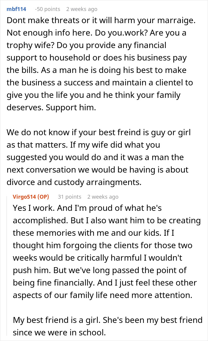 Family Vacation Turns Into Ultimatum After Husband Puts Business First, Wife Threatens Solo Trip