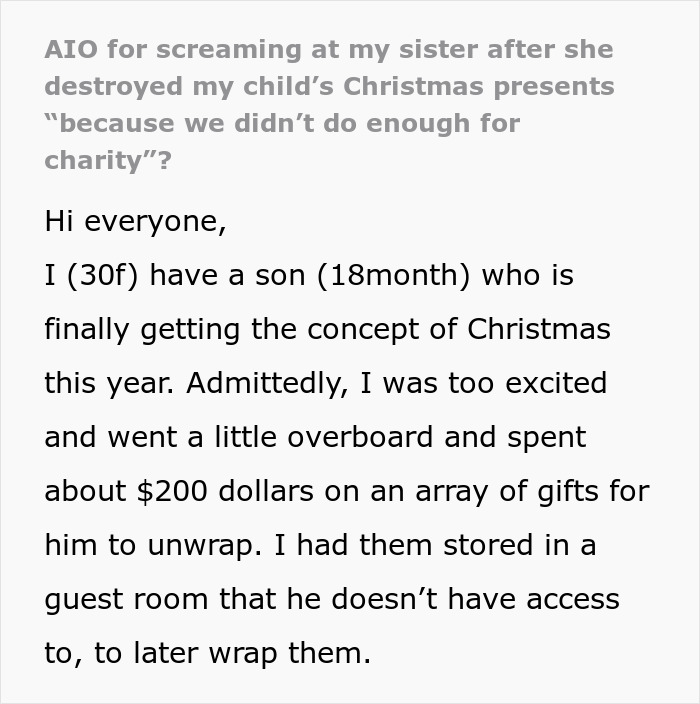 Woman Decides To Destroy Child’s Christmas Presents, Because Sister Is “Not Doing Enough For Charity”