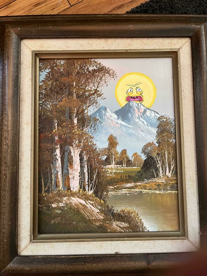 78 People Who Personalized Thrifted Paintings By Adding In Something Funny Or Unexpected (New Pics) 78 People Who Personalized Thrifted Paintings By Adding In Something Funny Or Unexpected (New Pics)