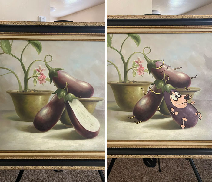 78 People Who Personalized Thrifted Paintings By Adding In Something Funny Or Unexpected (New Pics) 78 People Who Personalized Thrifted Paintings By Adding In Something Funny Or Unexpected (New Pics)