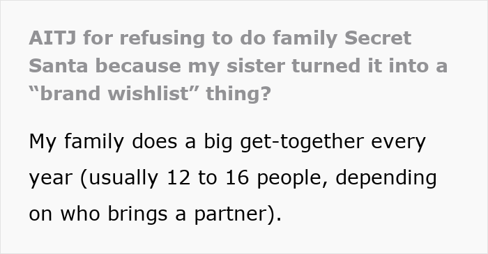 “I’m The Grinch”: Lady Drops Out Of Fam Secret Santa As Her Sis Turns It Into A Luxe Shopping List “I’m The Grinch”: Lady Drops Out Of Fam Secret Santa As Her Sis Turns It Into A Luxe Shopping List