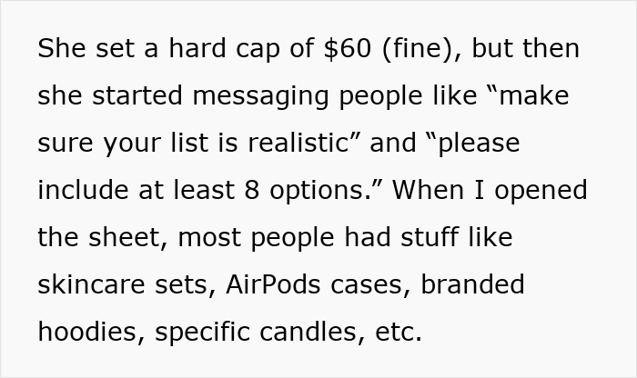 “I’m The Grinch”: Lady Drops Out Of Fam Secret Santa As Her Sis Turns It Into A Luxe Shopping List “I’m The Grinch”: Lady Drops Out Of Fam Secret Santa As Her Sis Turns It Into A Luxe Shopping List