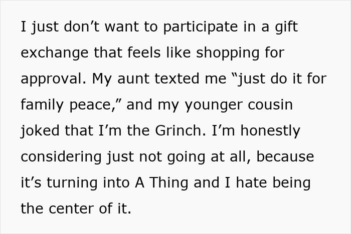 “I’m The Grinch”: Lady Drops Out Of Fam Secret Santa As Her Sis Turns It Into A Luxe Shopping List “I’m The Grinch”: Lady Drops Out Of Fam Secret Santa As Her Sis Turns It Into A Luxe Shopping List