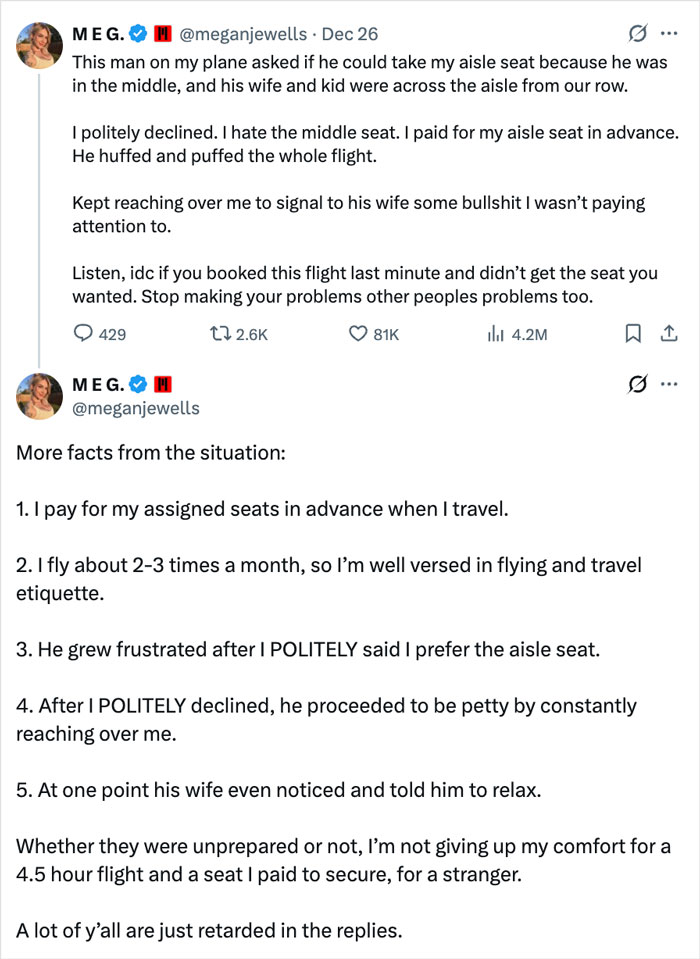 Internet Divided After Woman Says Man Punished Her For Not Switching Seats On Flight