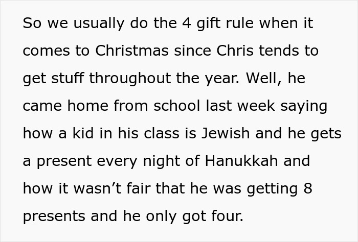 Dad Demands Family Skips Hanukkah Gifts Because His Son Will Have A Tantrum: “He’s A Little Spoiled”