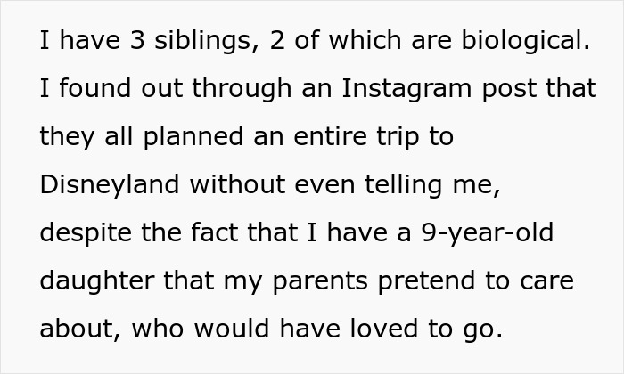 Mom Furious After Dad And Stepmom Plan Disney Trip Excluding Her And Her 9YO Daughter, Cuts Contact Mom Furious After Dad And Stepmom Plan Disney Trip Excluding Her And Her 9YO Daughter, Cuts Contact