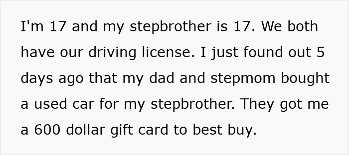 Teen Mad As Dad Gifts Stepbro A Car For Xmas, Calls It Favoritism As All They Get Is A Gift Card