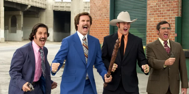 a scene from the comedy movie featuring some actors Paul Rudd, Will Ferrell, David Koechner and Steve Carell 