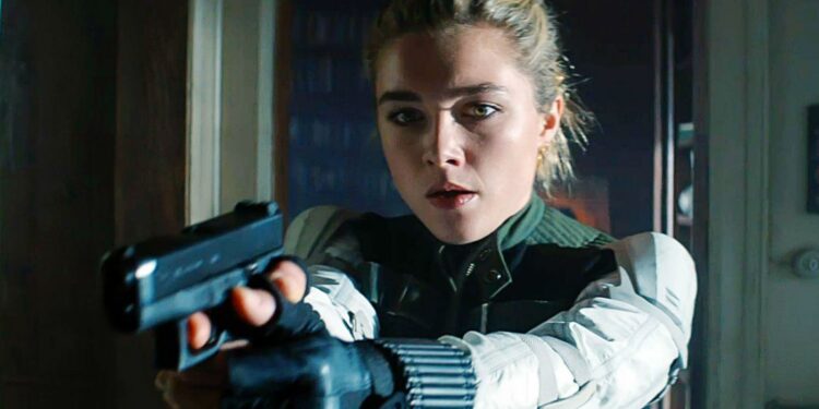 Florence Pugh aiming a gun