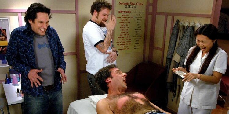 steve carell waxing his chest in a scene of a movie