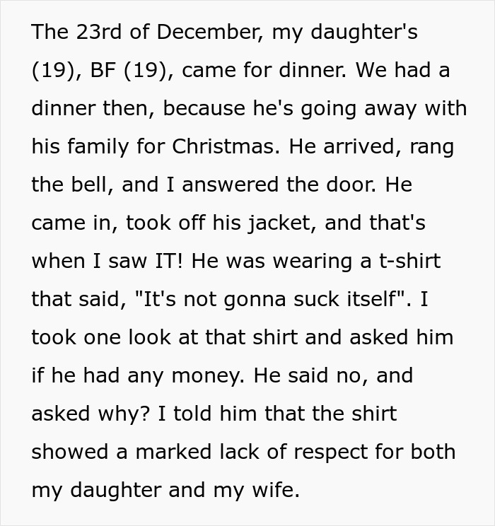 Guy Puts An Inappropriate Shirt As A Dare To Dinner With GF’s Parents, The Dad Doesn’t Let It Slide