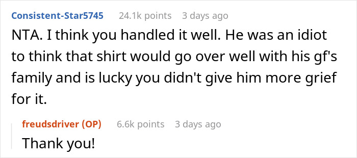 Guy Puts An Inappropriate Shirt As A Dare To Dinner With GF’s Parents, The Dad Doesn’t Let It Slide
