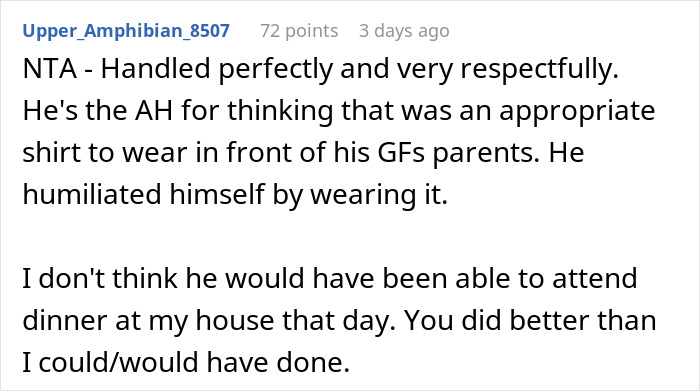 Guy Puts An Inappropriate Shirt As A Dare To Dinner With GF’s Parents, The Dad Doesn’t Let It Slide