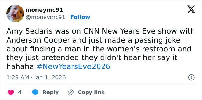 Amy Sedaris Stuns Viewers With “Transphobic” Jab During CNN’s New Year’s Eve Broadcast Amy Sedaris Stuns Viewers With “Transphobic” Jab During CNN’s New Year’s Eve Broadcast