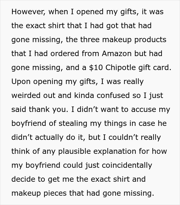 Woman Confused About Christmas Gifts From BF As They Are The Exact Items That Went Missing Earlier