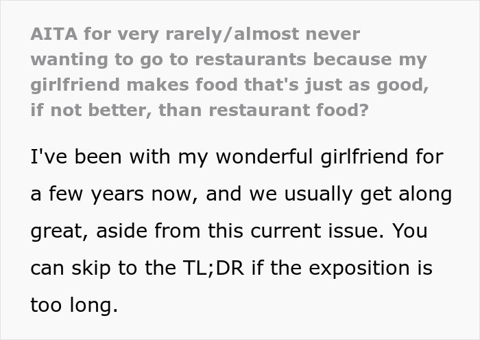 “Don’t Think It’s Worth It”: Man Wonders Why His GF Wants To Go Out Instead Of Cooking For Him “Don’t Think It’s Worth It”: Man Wonders Why His GF Wants To Go Out Instead Of Cooking For Him