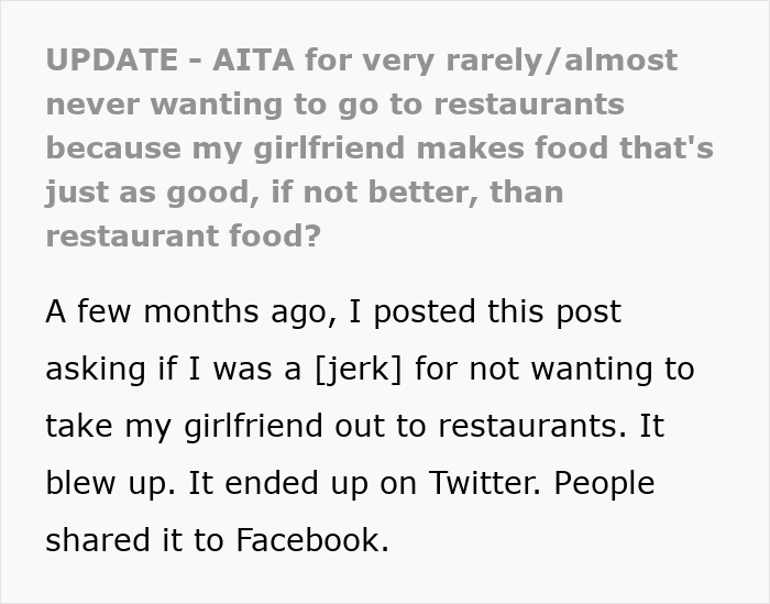 “Don’t Think It’s Worth It”: Man Wonders Why His GF Wants To Go Out Instead Of Cooking For Him “Don’t Think It’s Worth It”: Man Wonders Why His GF Wants To Go Out Instead Of Cooking For Him