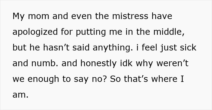 Dad’s Mistress Texts His Adult Daughter On NYE, Mom Devastated As Proof Exposes Months-Long Affair Dad’s Mistress Texts His Adult Daughter On NYE, Mom Devastated As Proof Exposes Months-Long Affair